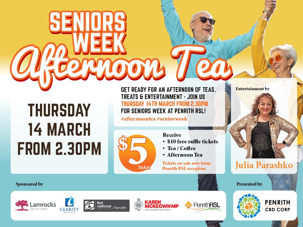 Seniors Week Afternoon Tea at Penrith RSL Club. Join us Thursday 14th March 2024. 2.30pm-4.00pm for Seniors week at Penrith RSL!
