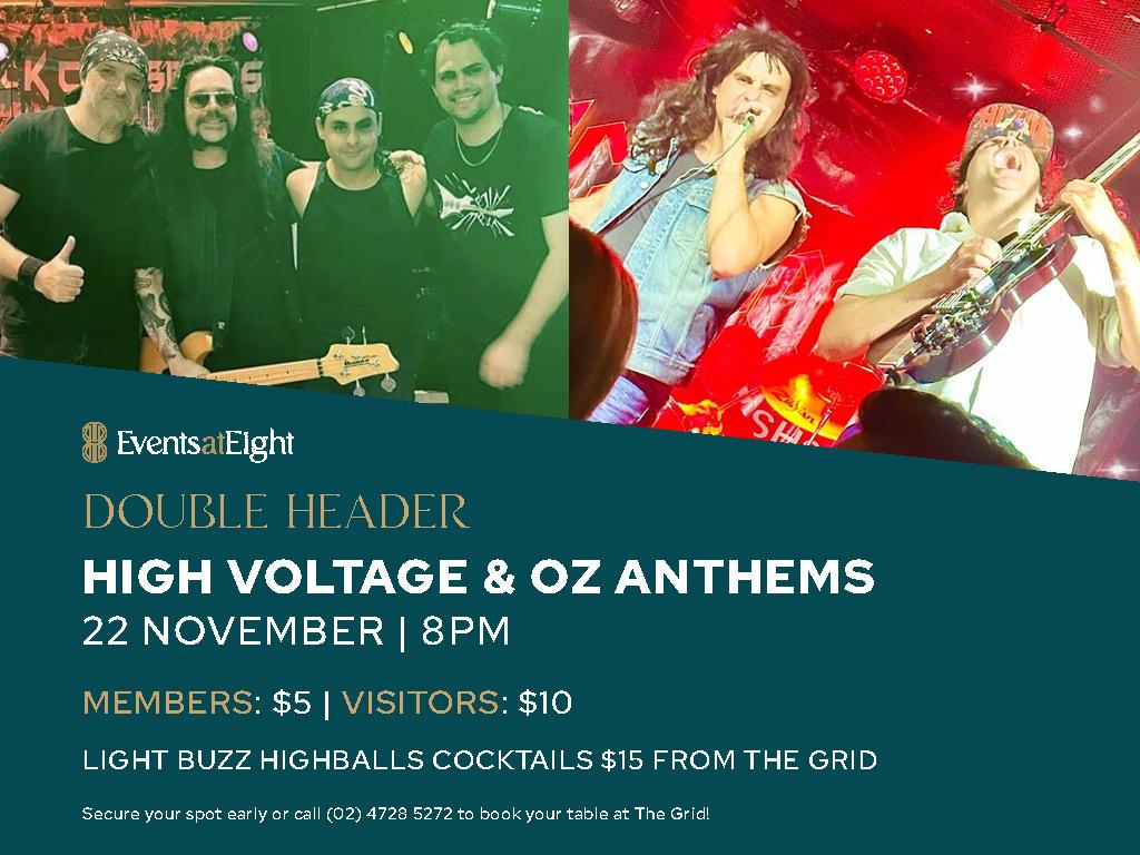 High Voltage (AC/DC Tribute Band) & Oz Anthem (Rock City Saints) LIVE at Events At Eight at Penrith RSL Club. Saturday 22nd November - 8:00pm
