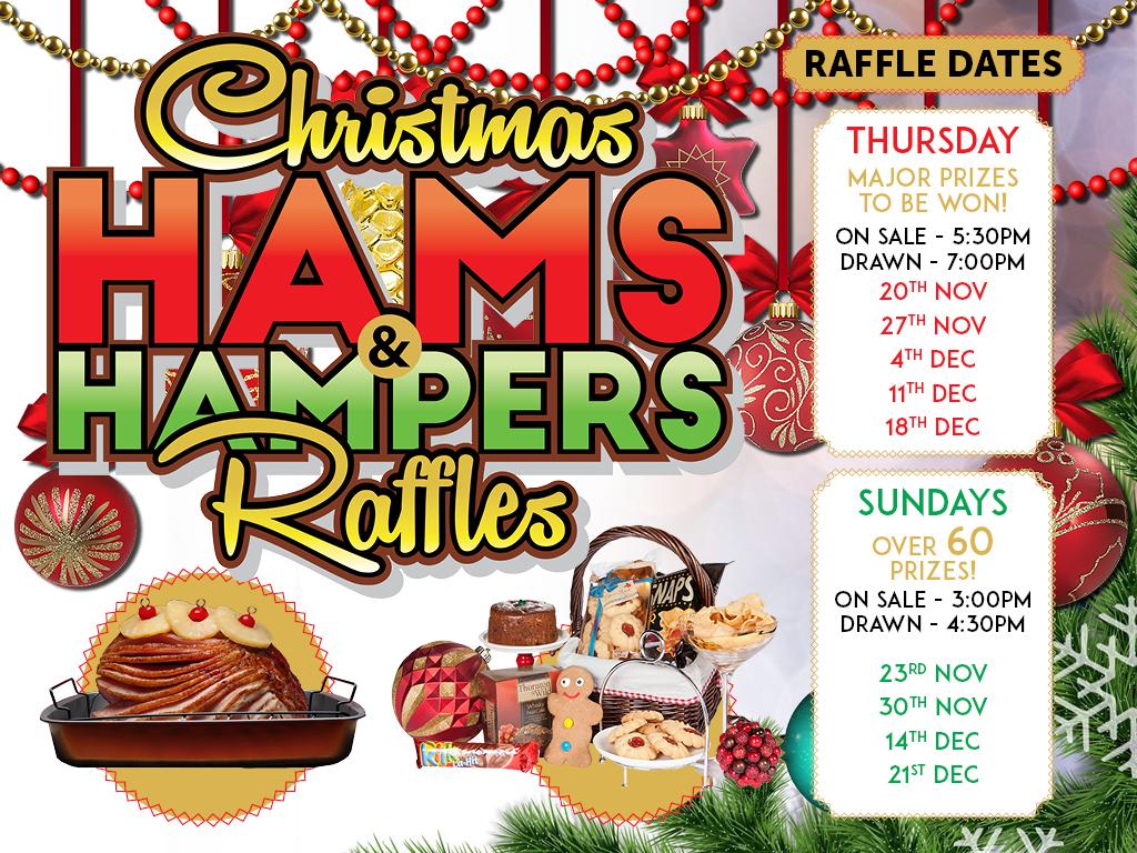 Hams, Hams Hams! Hampers, Hampers, Hampers! Christmas Hams & Hampers Raffles at Penrith RSL Club. Starting Thursday 20th November 2025