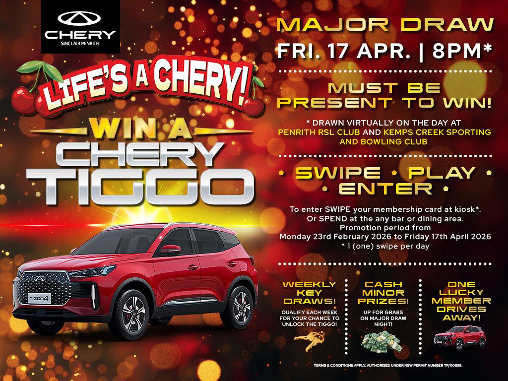 Life's A Chery! Win A Chery Tiggo! Major Draw on Friday 17th April 2026 - 8.00pm. MUST BE PRESENT TO WIN! SWIPE, PLAY & ENTER!