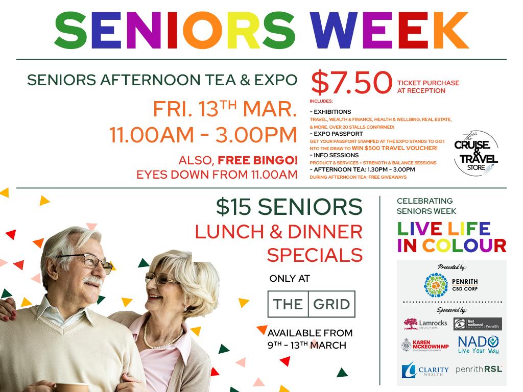 SENIORS’ AFTERNOON TEA & EXPO. Fri. 13th Mar. 11.00am - 3.00pm at Penrith RSL club. $7.50 - ticket purchase at Penrith RSL club reception